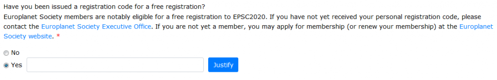 The portion of registration form where the Participant Registration Code should be inserted