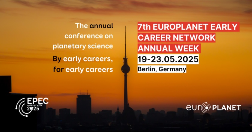 The banner for the 7th Europlanet Early Career (EPEC) Annual Week shows the skyline of Berlin against a sunset. The banner lists the meeting dates of 19-23 May 2025.
