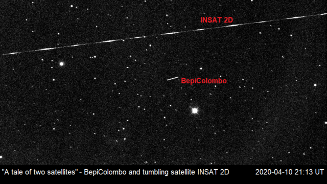 Credit: Northolt Branch Observatories. A tale of two spacecraft": As we were observing BepiColombo, we caught a second man-made object passing by. We identify it as an old geostationary satellite.